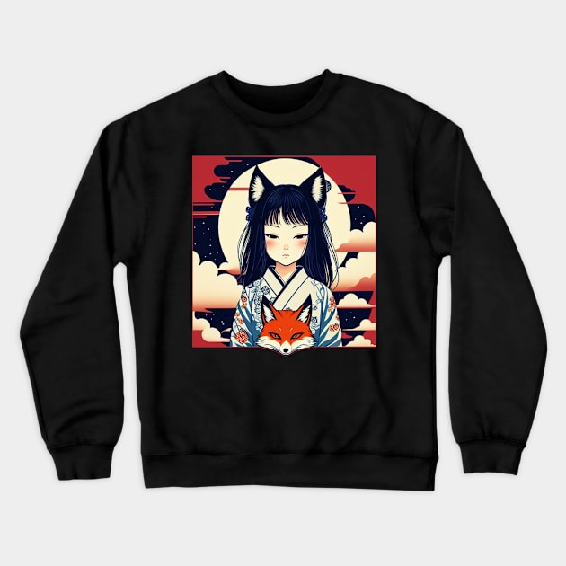 Fox Girl and her Companion Crewneck Sweatshirt by Irayami